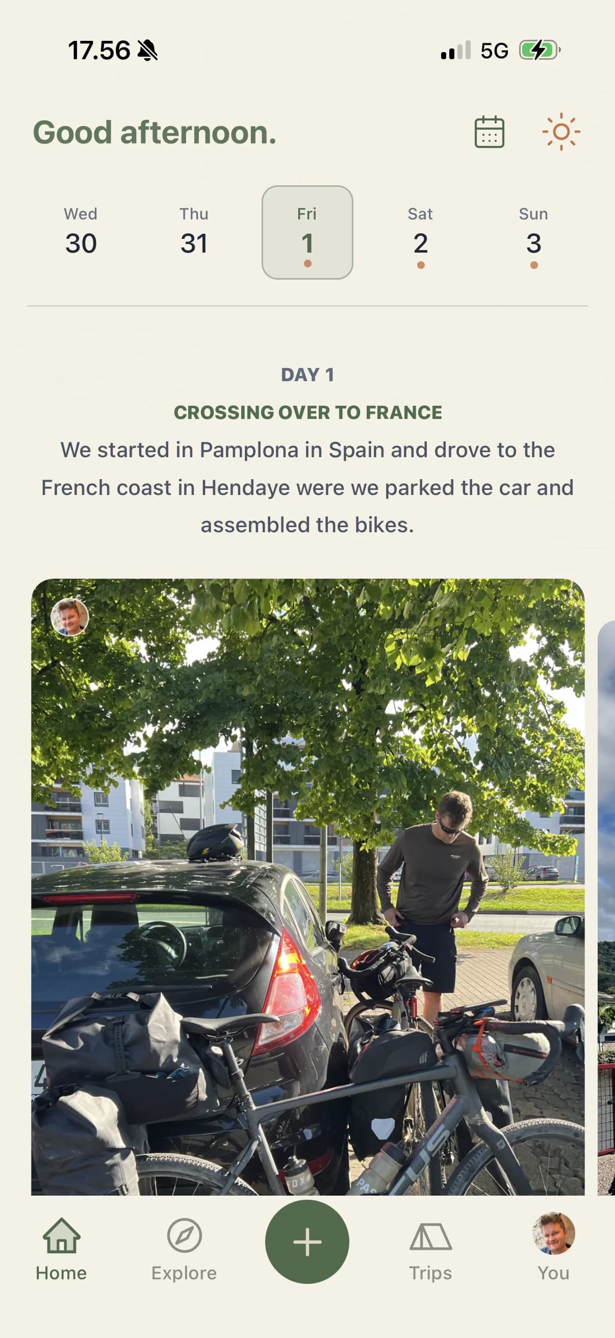 Daytrail app home screen showing a bikepacking trip journal with photos and daily itinerary