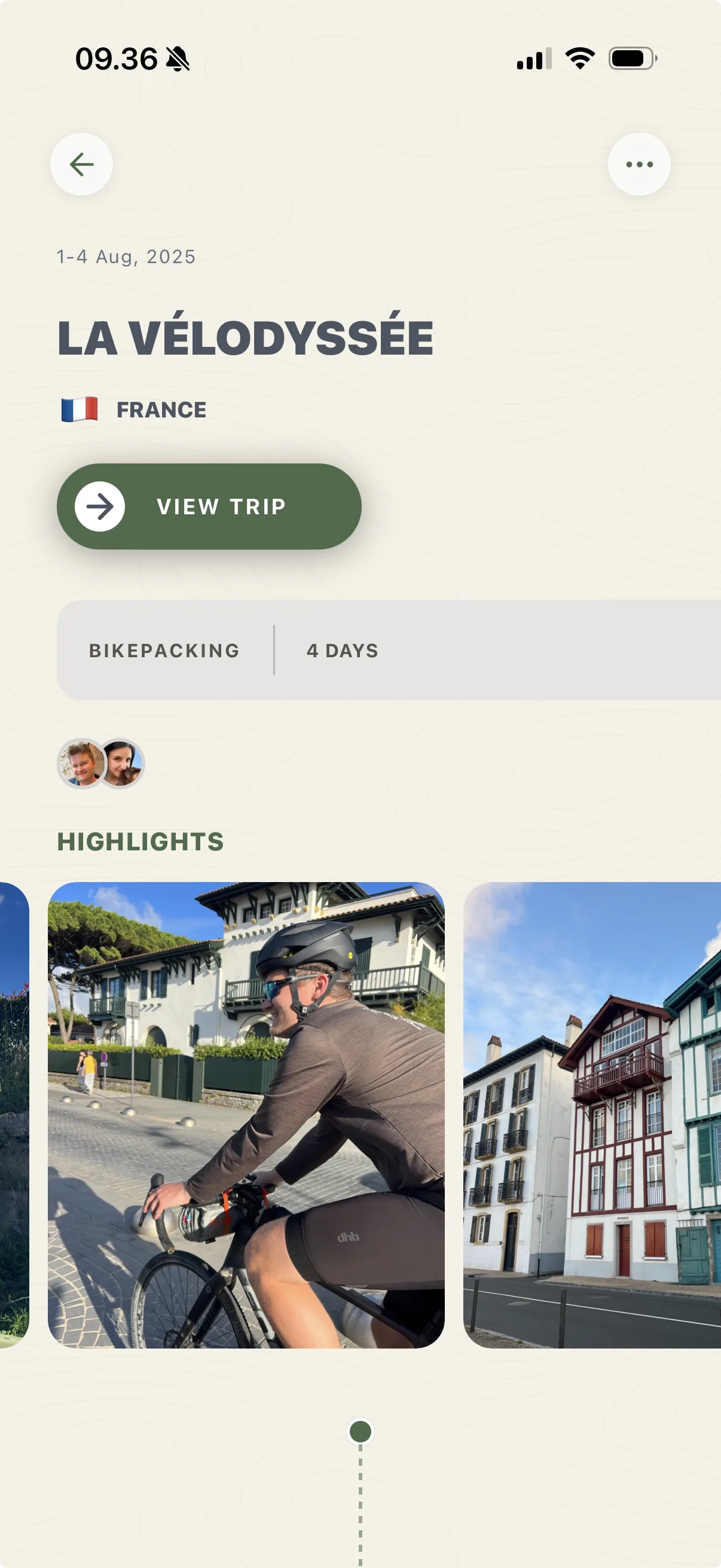 Daytrail trip detail screen showing La Velodyssee trip highlights